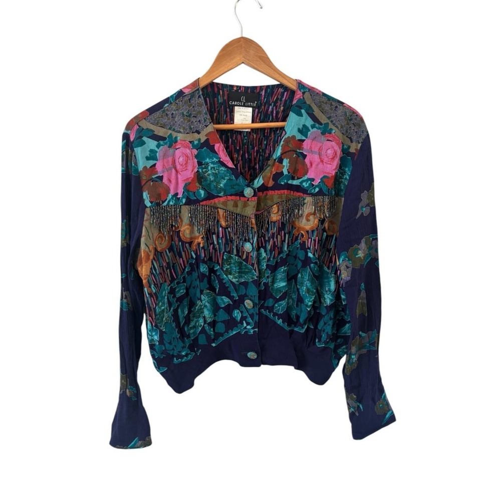Vtg Carole Little Beaded Blouse Womens 10 Multicolor Floral Boho Artsy Festival